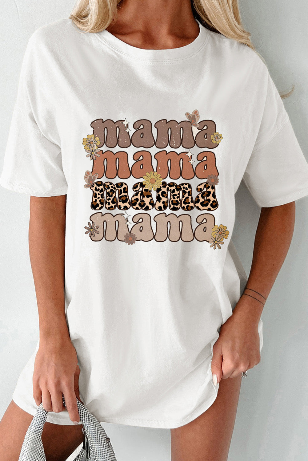 White mama Leopard Daisy Graphic Crewneck T Shirt