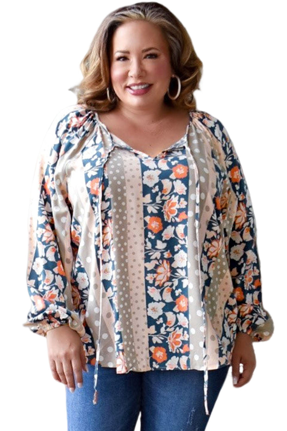 Multicolor Plus Size Mixed Print Split Neck Blouse