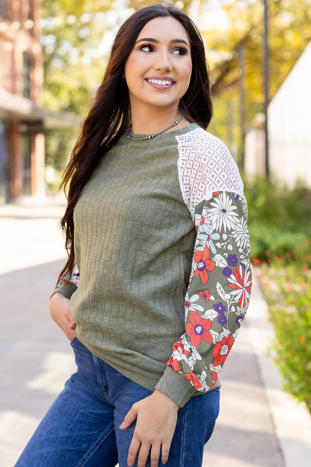 Cinnamon Floral Patchwork Long Sleeve Ribbed Blouse