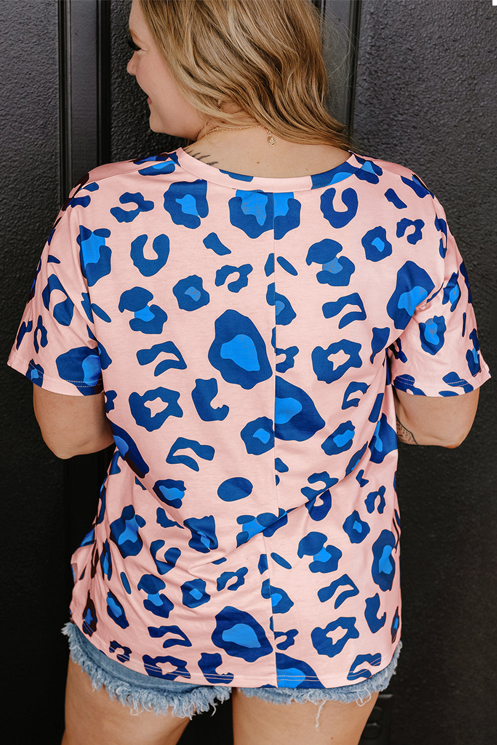 Rose Leopard Print V Neck Plus Size Tee