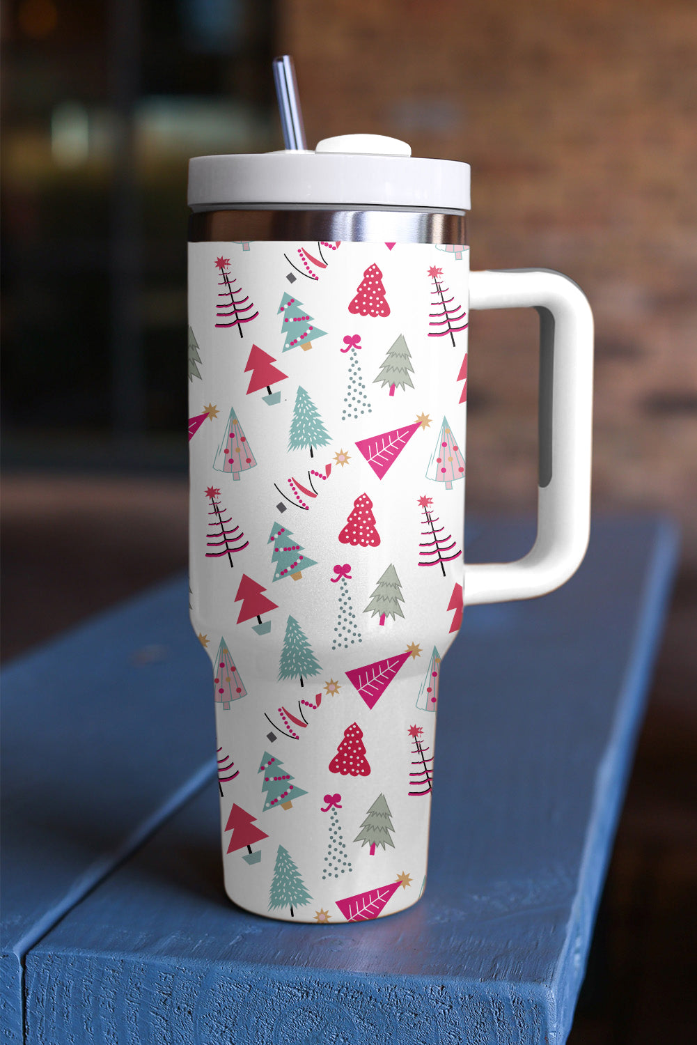 White Cartoon Christmas Tree Printed Thermos Cup 40oz