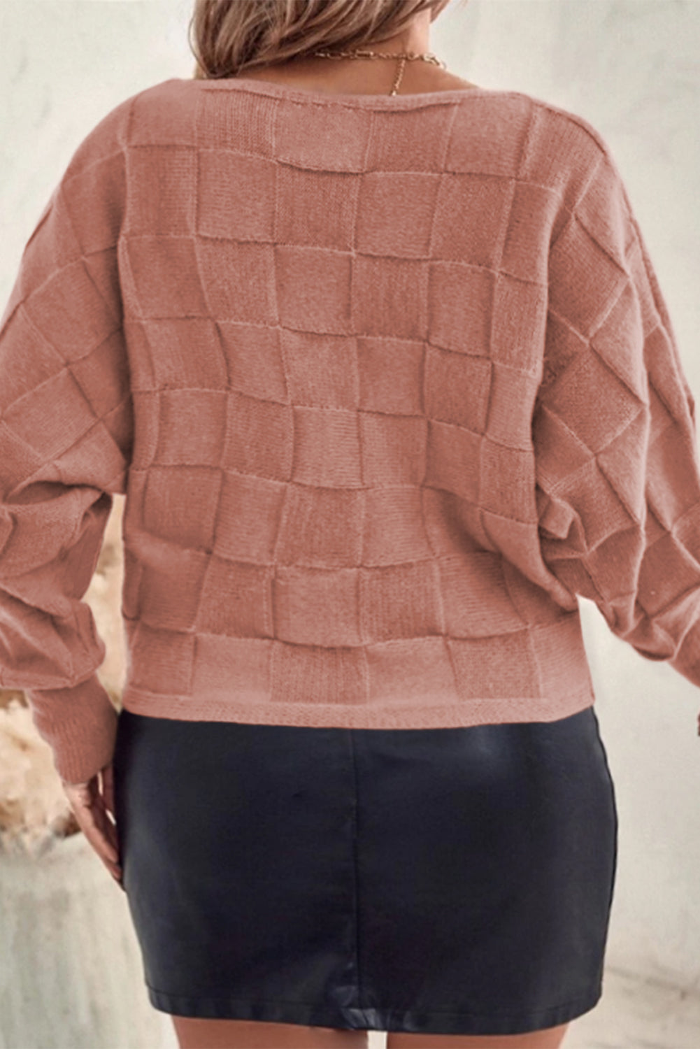 Rose Tan Solid Checkered Textured Knit Plus Size Sweater