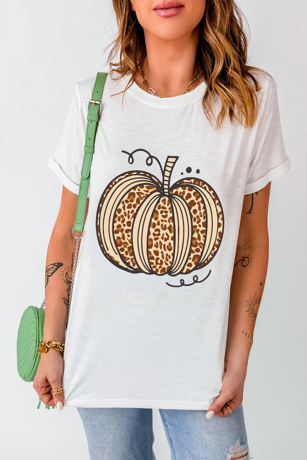 White Halloween Leopard Pumpkin Graphic Crewneck T Shirt