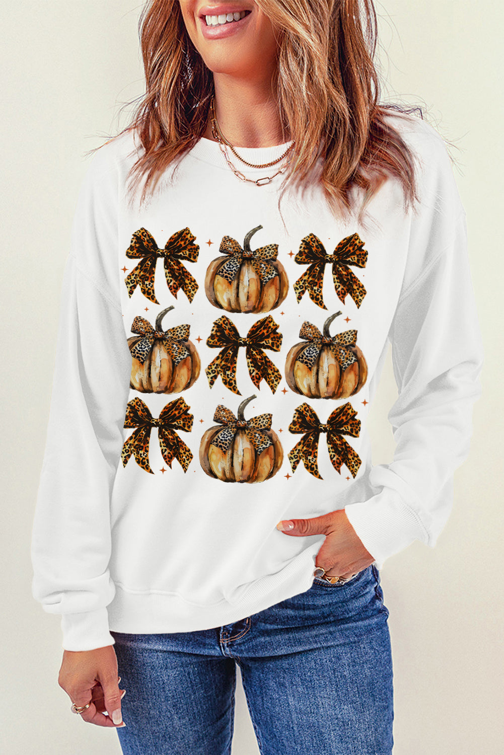 Beige Pumpkin Leopard Bow Knot Graphic Sweatshirt