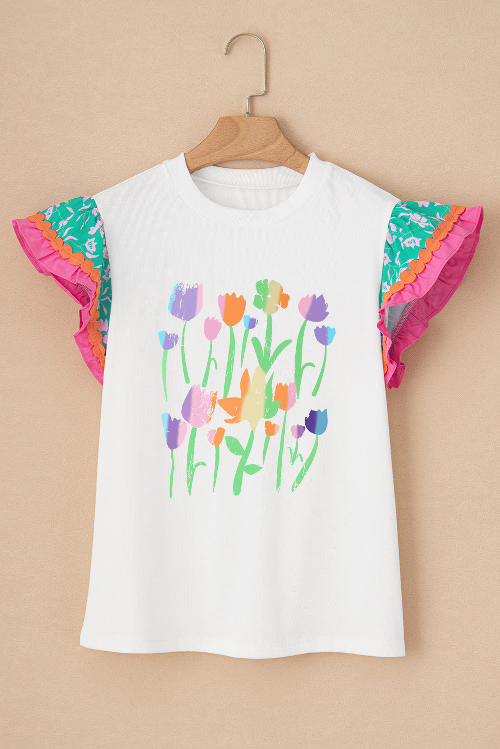 White Flower Graphic Color Block Tiered Sleeve T Shirt